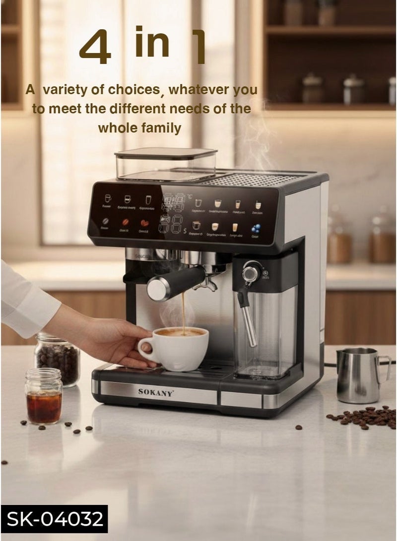 سوكاني ماكينة اسبريسو، ماكينة قهوة اسبريسو أوتوماتيكية 4 في 1، 1800 واط/2.6 لتر، ماكينة صنع قهوة الكابتشينو/اللاتيه/الإسبريسو/الطحن مع خافق حليب أوتوماتيكي، ضغط مضخة 20 بار، ماكينة صنع قهوة تعمل باللمس للمنزل والمكتب، SK-04032 - Image 3